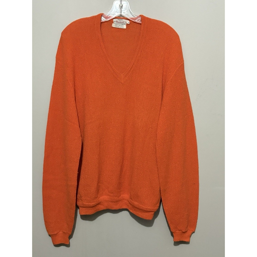 Vintage 1960s‎ Buckknit Alpaca Wool Sweater Orange V-Neck XL Peru Made USA